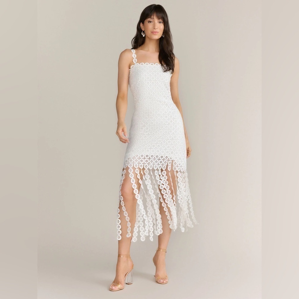 New York & Company Just Me Square Neck Circle Lace White Fringe Dress - Picture 5 of 15